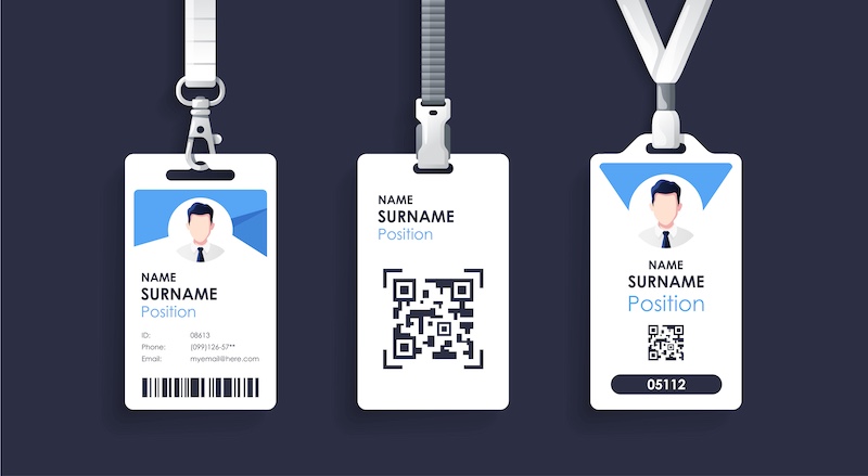 id card template with clasp and lanyard. Blue and white color mock up set. Modern colorful icon collection. Employee ID. Simple realistic design. Cute cartoon style. Flat style illustration.